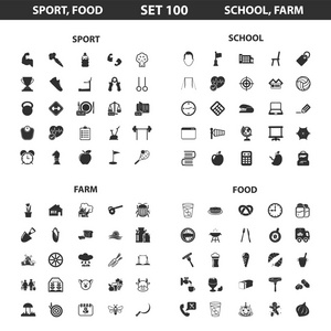 体育健身学校设置100个黑色简单图标。 粮食农场g