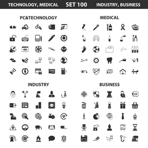 个人电脑技术设置100个黑色简单图标。 医疗行业