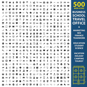 商学院旅游设置500个黑色简单图标。 办公室
