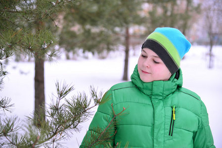 在冬天松树森林绿色夹克的男孩少年