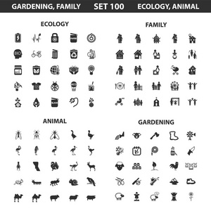 生态家庭设置100个黑色简单图标。 园艺动物
