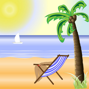 阳光明媚的海滩与灿烂的阳光和美丽的棕榈树
