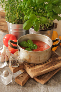 番茄汤配罗勒放在大理石上一壶