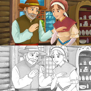 一个女人和一个男人在厨房里的卡通中世纪场景