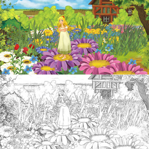 卡通农场场景与花的小精灵女孩图片