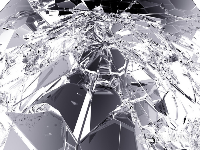 在白色的破碎玻璃碎片