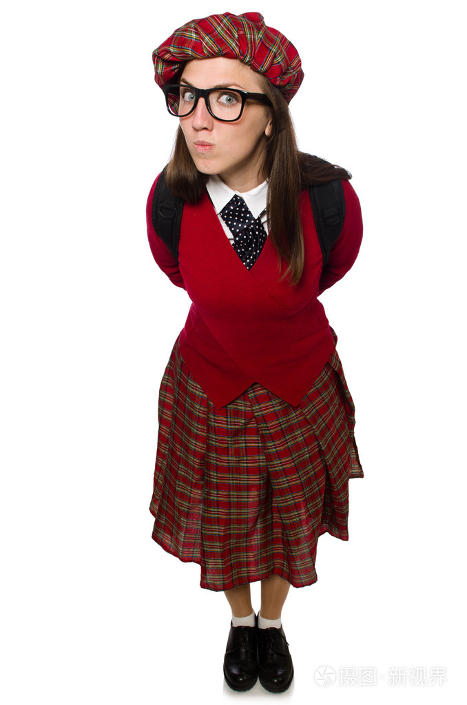 苏格兰格子服饰上白色孤立的女孩