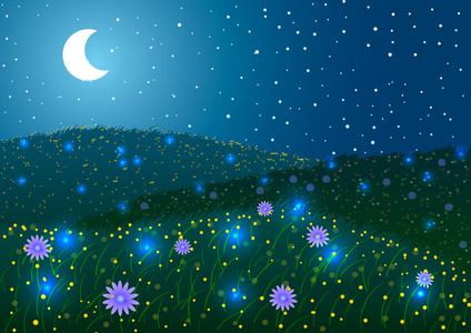 矢量图。绿色的草地和萤火虫在夜里