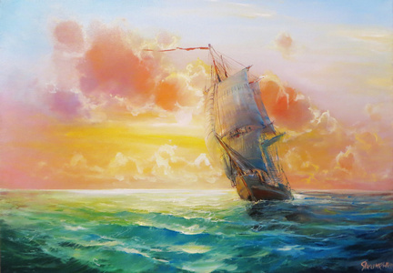 日出时的帆船。绘画