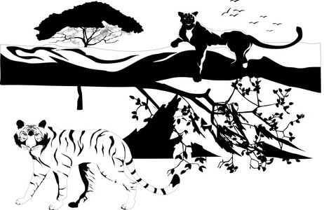 黑豹树干和老虎。矢量图