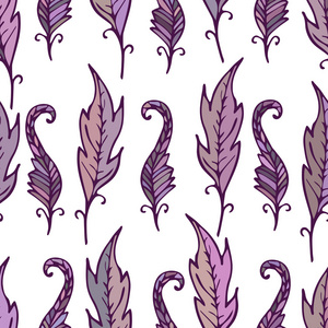 重复花卉和羽毛图案。紫色的叶子，在白色背景上的无缝纹理。与丁香元素的光背景。矢量图。纺织 包装 壁纸 布设计