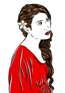 矢量时尚插画素描穿红色连衣裙的女孩