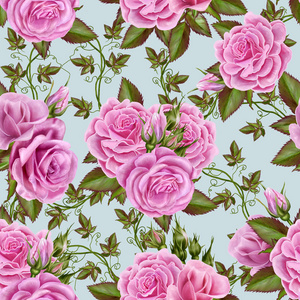 花卉图案，无缝，花粉红色的玫瑰