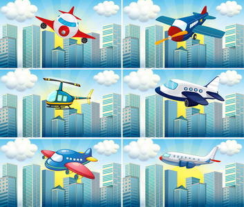直升机和飞机飞行在城市