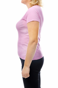 s body in pink teeshirt and black pants isolated on white