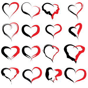 概念或概念画黑色红心的形状或爱符号集或集合，由一个快乐的孩子，在学校上背景孤立