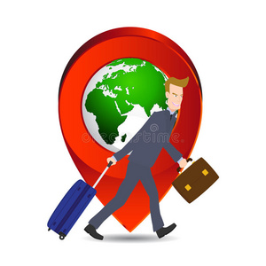 商人拉着旅行袋手提箱和公文包，上面有世界地理标志，是美国宇航局提供的地球地图元素