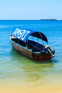 停泊在海滩附近的机动旅游船