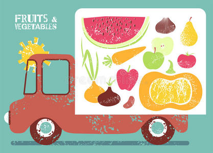 车上有水果和蔬菜。矢量图。