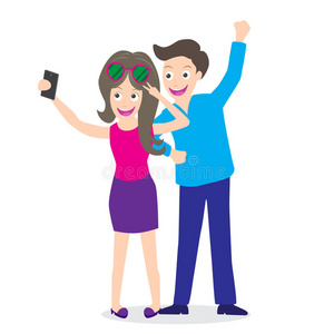 一对年轻的旅游夫妇用智能手机在白色背景上自拍