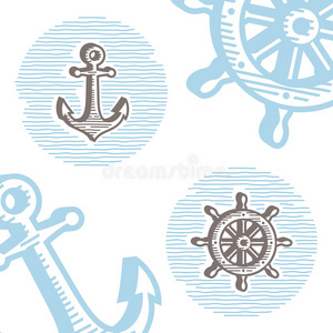 复古海洋符号矢量图标集雕刻锚和轮子