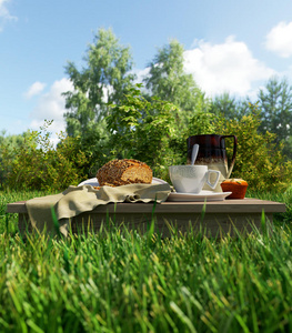 咖啡杯和面包野餐假期，放松静物