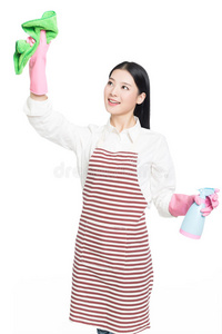 家务 手套 中国人 房子 破布 打扫 女孩 肖像 擦洗 女士