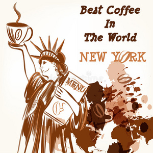 咖啡海报，自由女神像，拿着一杯咖啡