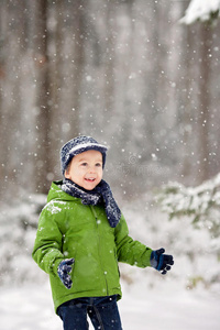 可爱的小男孩，在下雪的日子里在外面吹雪花