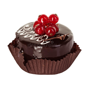 巧克力蛋糕与红色醋栗分离在白色