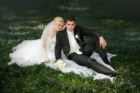 新娘和新郎坐在绿色的草地上