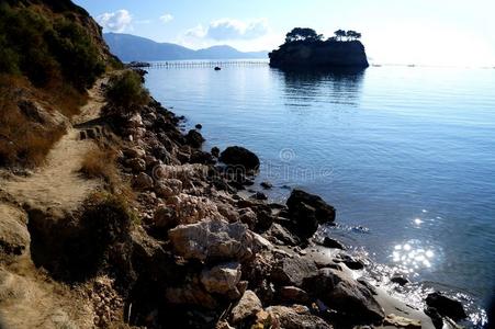 希腊 天空 夏天 海岸线 植物 美丽的 假期 风景 太阳