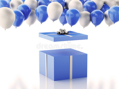三维打开礼品盒与蓝色和白色的包在白色背景