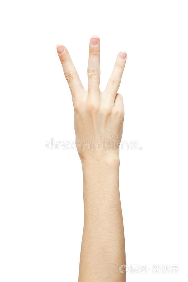 三个手指被隔离四号手势四号手势白色隔离特写镜头数数手势女人的手