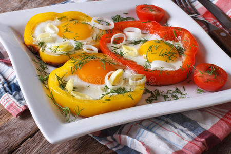 煎鸡蛋与辣椒，西红柿和洋葱在盘子特写