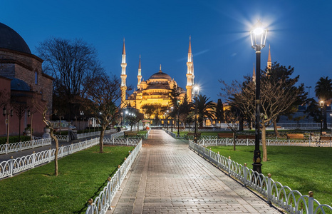 Istanbul.Turkey.对清真寺清真寺在伊斯坦布尔从 Sultanahmet 花园看到夜晚