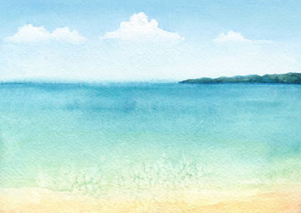 地处热带的海滩的水彩插图