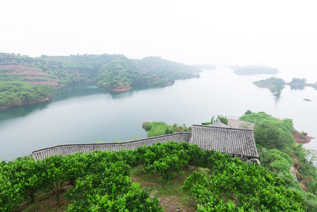 在大雾天千岛湖的景观