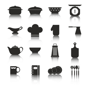 烹饪工具和菜肴的图标设置。厨房收藏矢量