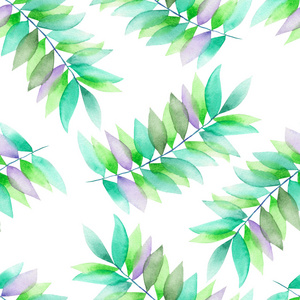 一种无缝的水彩图案，有绿色和紫色的叶子