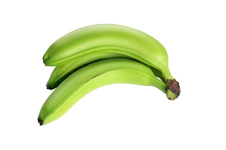 三个绿色的香蕉孤立在白色的背景。没有树荫