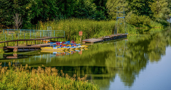 脚踏船，岸上的景观湖