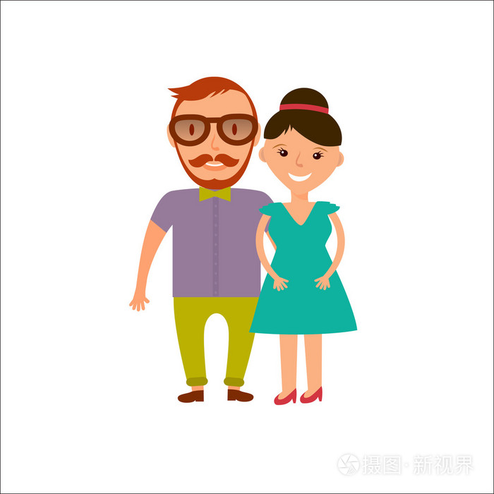 幸福的微笑夫妇在平面样式男人和女人在白色背景上孤立的休闲服装矢量