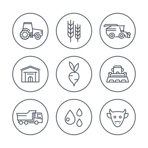 农业 农业线图标在圈子，拖拉机，收获，牲畜，农业机械图标，矢量图