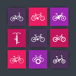 自行车，骑自行车，自行车 电动自行车 脂肪自行车材料设计图标集，矢量图