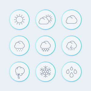 天气行图标，天气预测元素，晴天 多云的天气，雨，雪花 冰雹 大雪圆形图标 天气符号