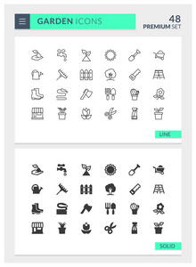 溢价花园固体和线矢量图标集