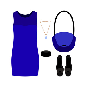 时尚女装与蓝色的连衣裙和配件一套