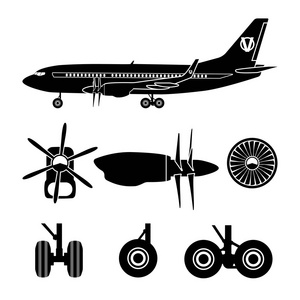 喷气式飞机的构造函数。黑色的轮廓飞机零部件。集合 o