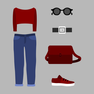 一套时髦的女士服装，配红色套头衫牛仔裤和服装